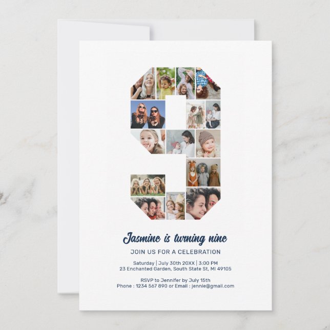 9-årsdag Nummer 9 Anpassad fotokollage Inbjudningar (Framsida)