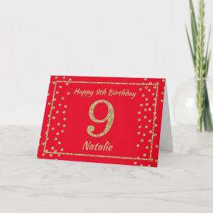 9-årsdag Röd och Guld Glitter Konfetti Kort
