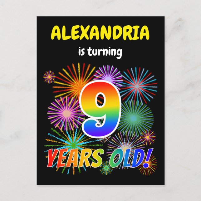 9-årsdag - Roliga Fyrverkerier, Regnbågsfärger "9" Vykort (Framsida)