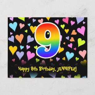 9-årsdag: Roligt hjärtmönster, regnbåge 9 Vykort