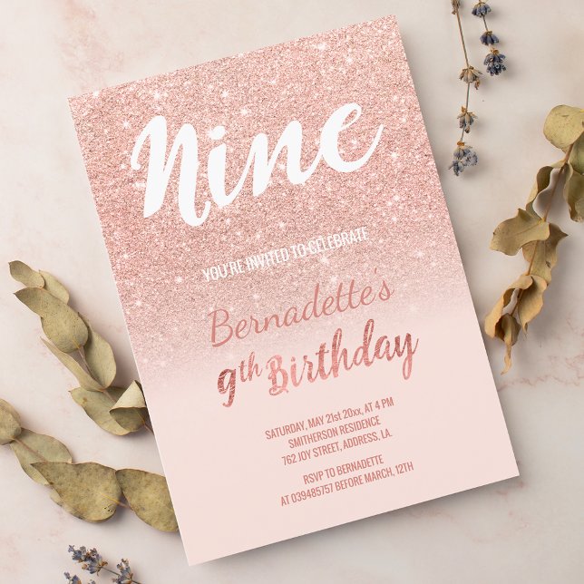 9-årsdagen för Faux ro guld glitter Inbjudningar (Faux rose gold glitter ombre nine Birthday Invitation)
