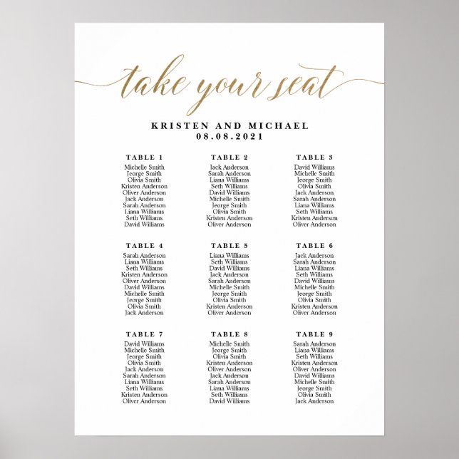 9 Bord 90 gäster tar ditt sittplatsschema Poster (Framsidan)