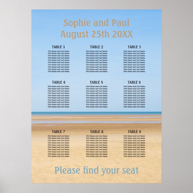 9 Bord Beach-bröllopsdiagram Poster (Framsidan)