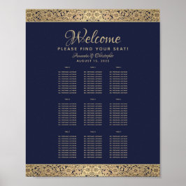 9 Bord Blått Bröllop-passagerardiagram Guld Ro Poster