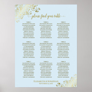 9 Bord Bröllop, sätesdiagram, pulverblått och Guld Poster