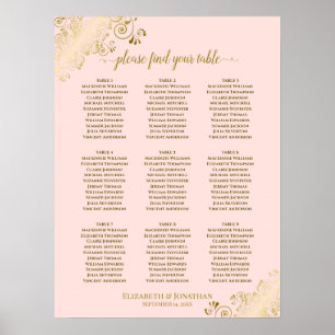 9 Bord Bröllop-sätesdiagram  Rosa och Guld Poster