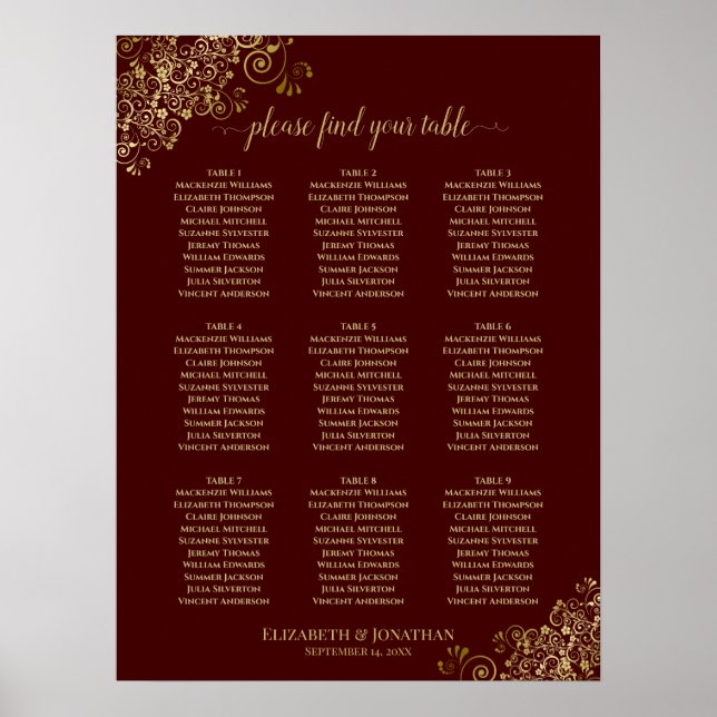 9 Bord Bröllop, sätesschemat Guld Snöre på Auburn Poster (Framsidan)
