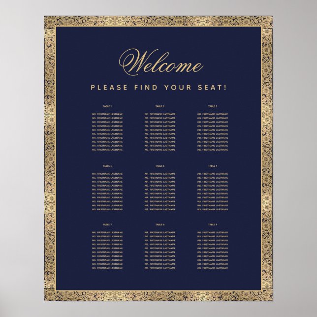 9 Bord Elegant Blå Guld Rosor Placeringsplan Poster (Framsidan)