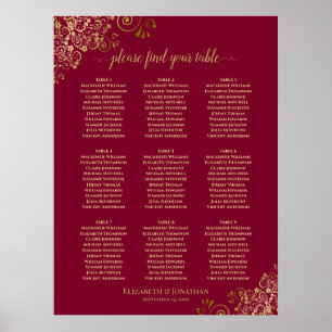 9 Bord Elegant Burgundy & Guld Snöre sätesdiagram Poster