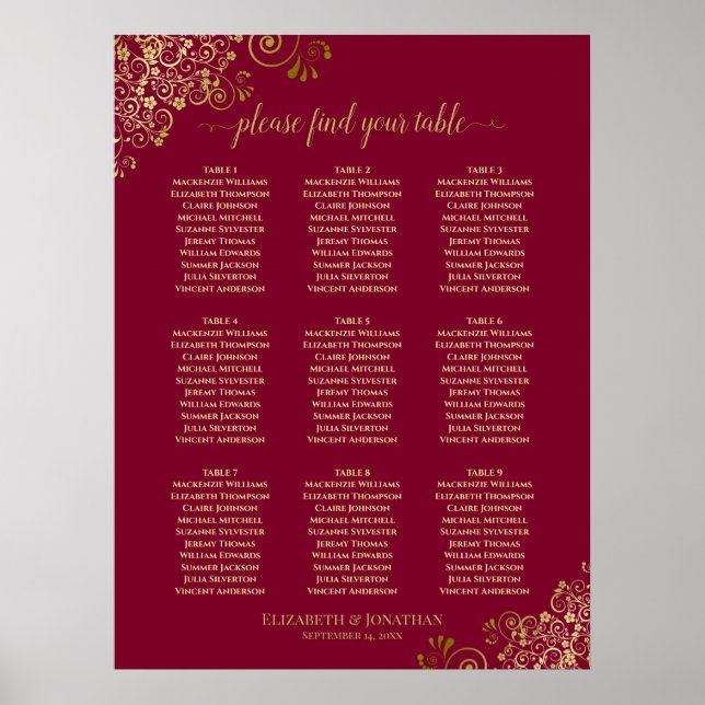 9 Bord Elegant Burgundy & Guld Snöre sätesdiagram Poster (Framsidan)