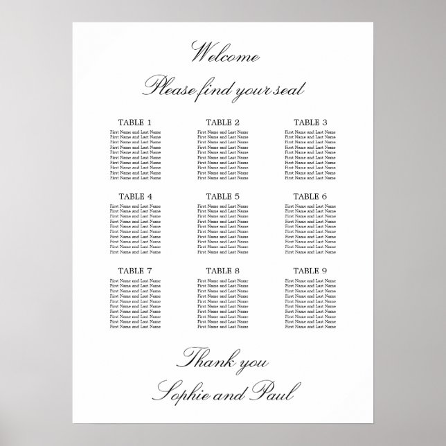 9 Bord Elegant Minimalistisk Placeringsplan Poster (Framsidan)