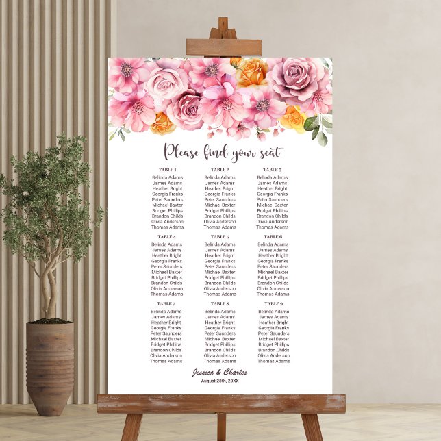 9 Bord Elegant Rosa Blommig Bröllopsplatskarta Poster (Skapare uppladdad)