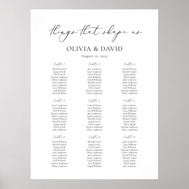 9 Bord Enkel Sak som formar sittdiagram Poster (Framsidan)