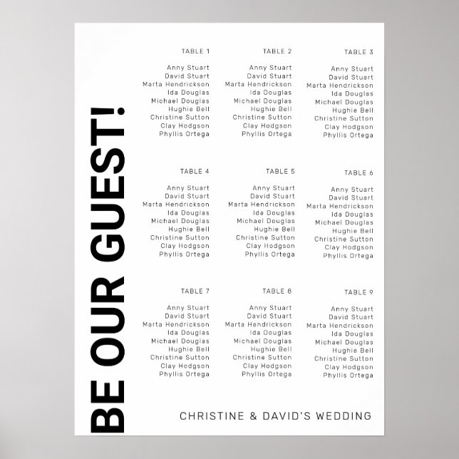 9 bord Enkel Vit Bröllops sittplatskarta Poster (Framsidan)