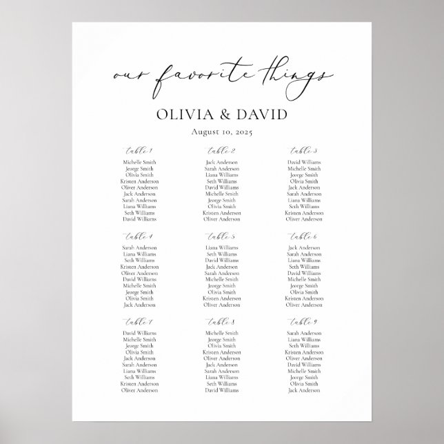 9 Bord enkelt vår favoritsittplatsplan för Sak Poster (Framsidan)