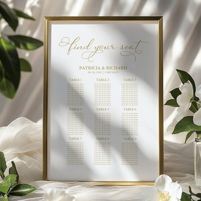 9 Bord Placeringsplan för Bröllop Guld Folie Poster (Skapare uppladdad)