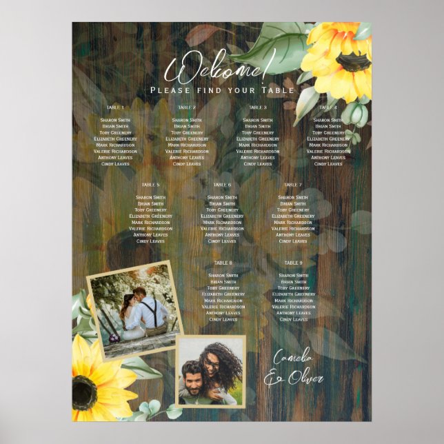 9 Bord Rustic Wood SUNFLOWERS FOTO SEATTE Poster (Framsidan)
