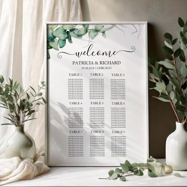 9 Bord Rustik Grönska Bröllops Placeringsplan Poster (Skapare uppladdad)