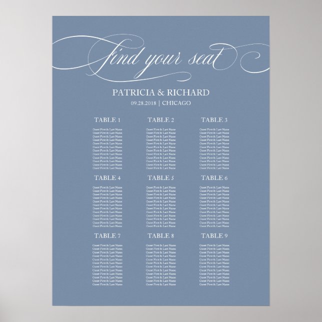 9 Bord Wedding Placeringskarta skylt Dammtor Blue (Framsidan)