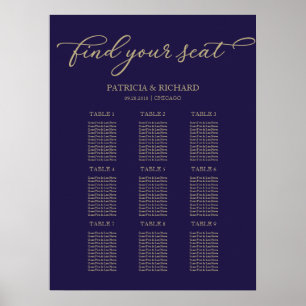 9 Bord Wedding Seating Chart Chic Guld Navy Blå Poster