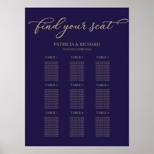 9 Bord Wedding Seating Chart Chic Guld Navy Blå Poster (Framsidan)