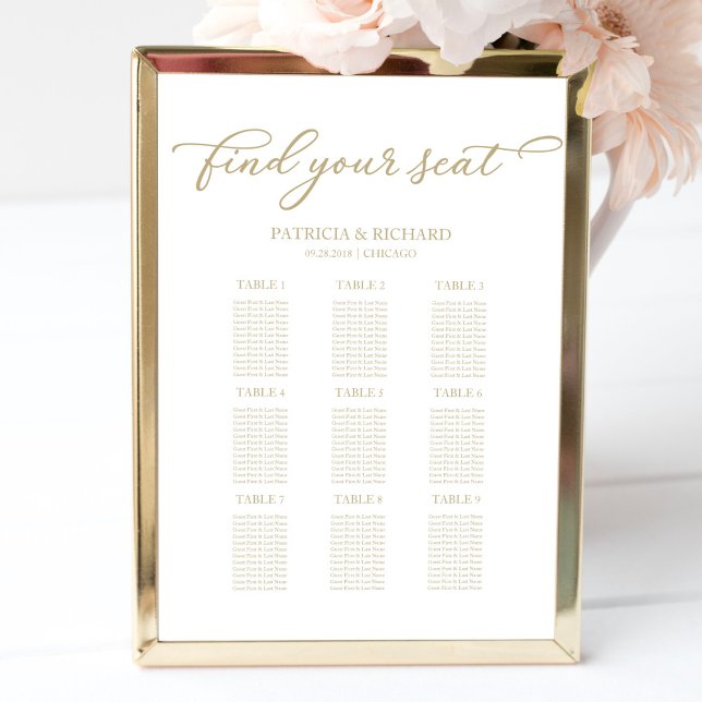 9 Bord Wedding Seating Chart Chic Guldskrift Poster (Skapare uppladdad)