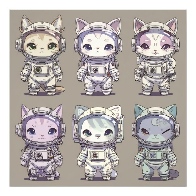 9 Chibi Rymdfarande Kattungar Rymd Besättning Fototryck (Framsidan)