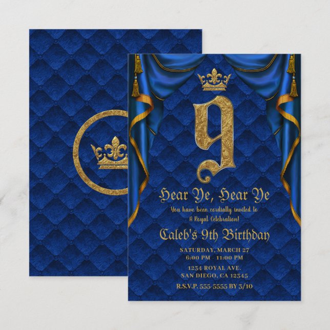 9:e 9 Födelsedagsfest Royal Blå Guld Kronan    Inbjudningar (Fram/baksida)