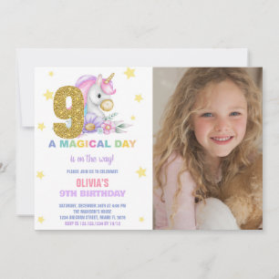 9:e Blommigten Unicorn Birthday-inbjudningar med f Inbjudningar