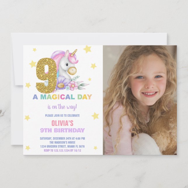 9:e Blommigten Unicorn Birthday-inbjudningar med f Inbjudningar (Framsida)