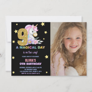 9:e Blommigten Unicorn Birthday-inbjudningar med f Inbjudningar