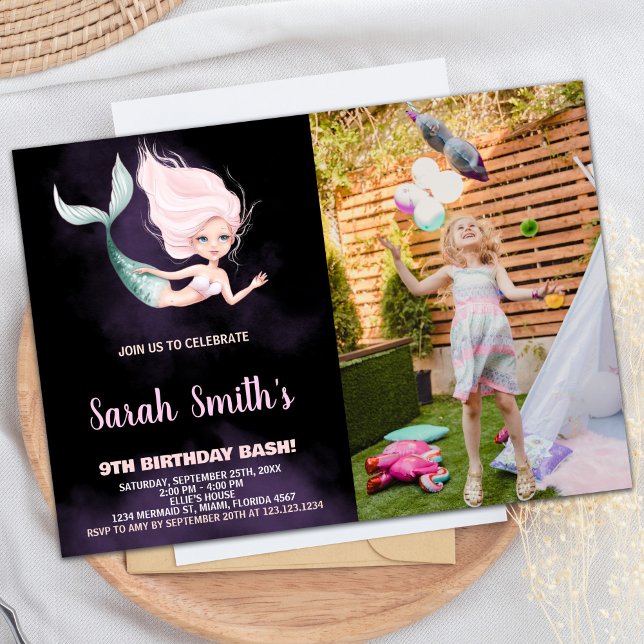 9:e Blond-Sjöjungfruns födelsedagsinbjudningar med Inbjudningar (9th Blond Mermaid Birthday Invitations With Photo)
