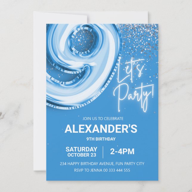 9:e födelsedag Balloon Boy Blue Neon Inbjudningar (Framsida)