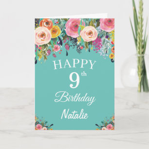 9:e födelsedag: Blommigten Flowers Teal Kort