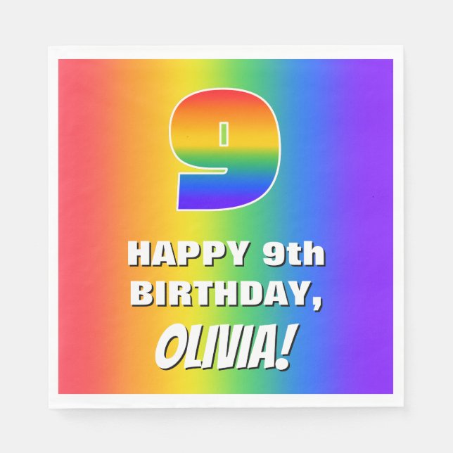 9:e födelsedag: färgstark, Roligt Rainbow Mönster  Pappersservett (Framsidan)