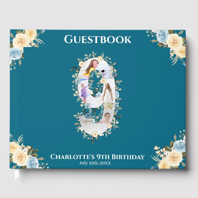 9:e födelsedag Flower Teal Photo Collage Blue Gult Gästböcker (Framsida)