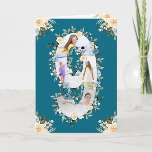 9:e födelsedag Fotokollage Blue Gult Flower Teal Kort