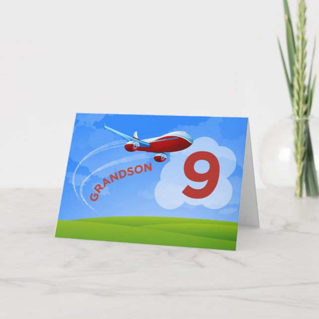 9:e födelsedag, morson, rött flygplan kort (Framsida)