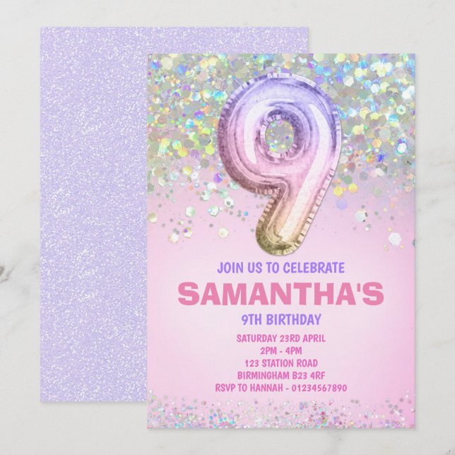 9:e födelsedag: Rainbow Glitter födelsedag Inbjudningar (Fram/baksida)