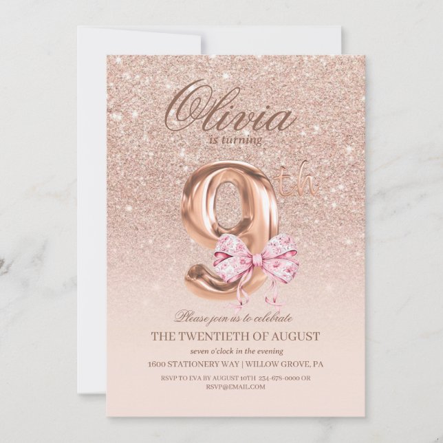 9:e födelsedag Ro Rosa Guld Bow Födelsedagsfest Inbjudningar (Framsida)