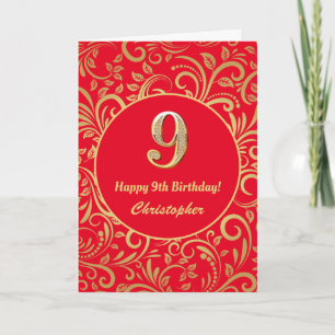 9:e födelsedag Röda och Guld-Blommönstret Kort