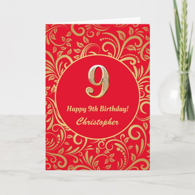 9:e födelsedag Röda och Guld-Blommönstret Kort (Framsida)