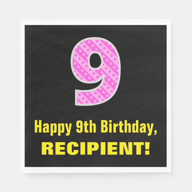 9:e födelsedag: Rosa Rand och Hearts "9" + Namn Pappersservett (Framsidan)