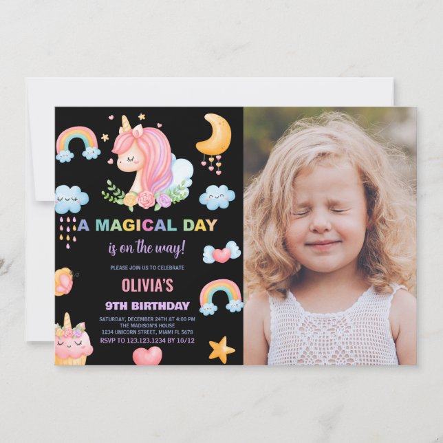 9:e födelsedag Unicorn Birthday Inbjudningar med f (Framsida)