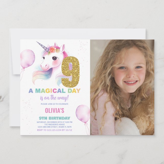9:e födelsedag Unicorn Birthday Inbjudningar med f (Framsida)