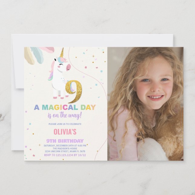 9:e födelsedag Unicorn Birthday Inbjudningar med f (Framsida)