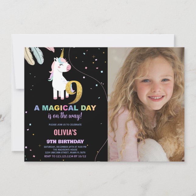 9:e födelsedag Unicorn Birthday Inbjudningar med f (Framsida)