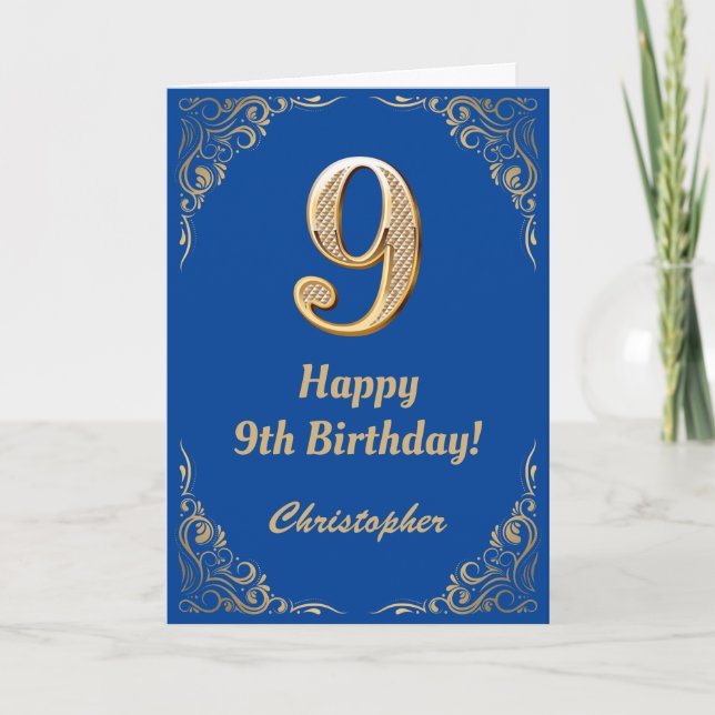 9:e födelsedagen Blått och Guld Glitter Ram Kort (Framsida)