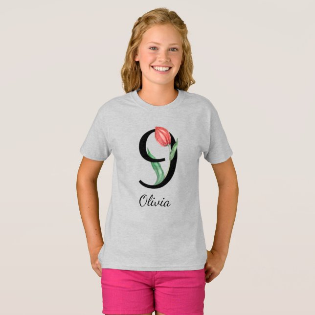 9:e födelsedagen Blommigt Personlig Namn T-Shirt (Hel framsida)