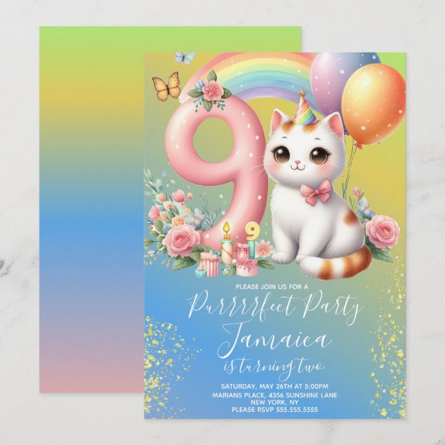 9:e födelsedagen Kitten Rainbow Party Inbjudningar (Fram/baksida)